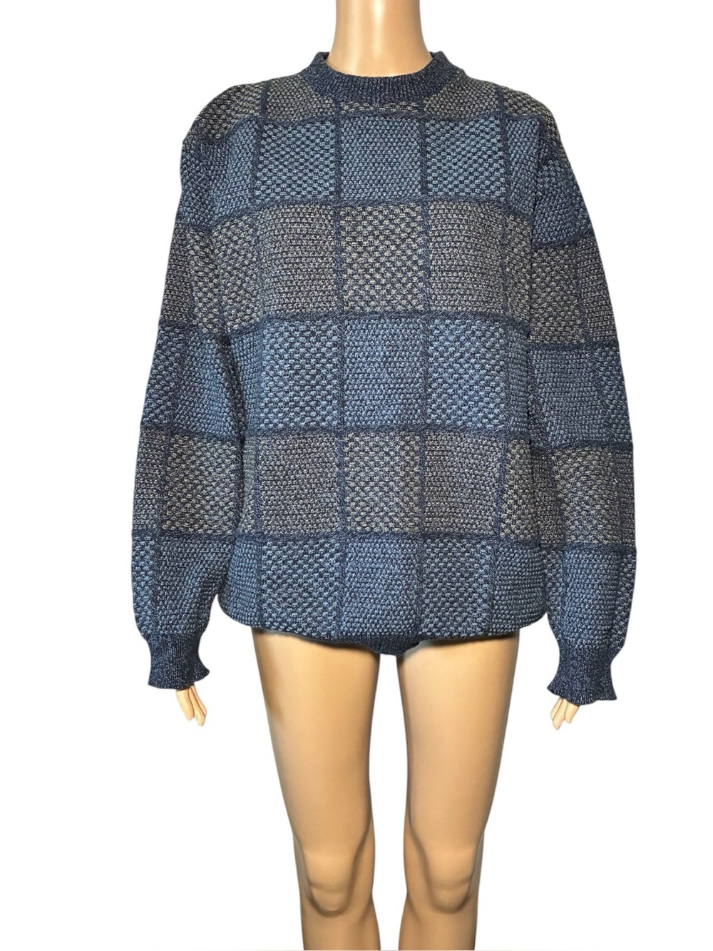 Vintage Bill Blass Men's Sweater SizeXL Blue Gray Tight Knit Cotton Blend Casual